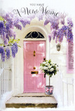 In this tender doorway scene, a Hampton Hill home is framed as if ready for the very first key to turn in its lock. The front door is painted a soft, rosy pink that feels warm but understated, set within smooth whitewashed walls and complemented by a pale shutter that quietly mirrors its colour. Overhead, wisteria hangs in luxurious swathes of lavender and lilac, each flower cluster cascading in loose strands that soften the stone and wood beneath, much like the wisteria-clad cottages glimpsed near Hampton Hill's leafy avenues. Sunlight filters through the dangling blooms, scattering gentle patches of light across the doorstep and lending an almost dreamlike haze to the scene. Nestled close to the threshold, a vintage-style tin bucket hosts a generous bouquet of white and creamy roses. Their rounded heads, layered in velvety petals, are interlaced with dusty green foliage that adds cool contrast and texture. A blush ribbon gathers around the bucket, its neat bow and trailing ends lying softly against the step, as if carefully arranged by an experienced florist who understands the quiet drama of small details. The visual harmony of pastel tones, textured greenery, and cascading flowers makes the entrance feel lovingly prepared for its new occupants-perfect for a new home card, or to mark the moment someone settles into a fresh chapter in Hampton Hill. The scene radiates gentle optimism and welcome, suggesting the promise of evenings returning to this pink door, arms full of groceries or friends in tow, always greeted by a memory of flowers and the soft scent of wisteria in the air.